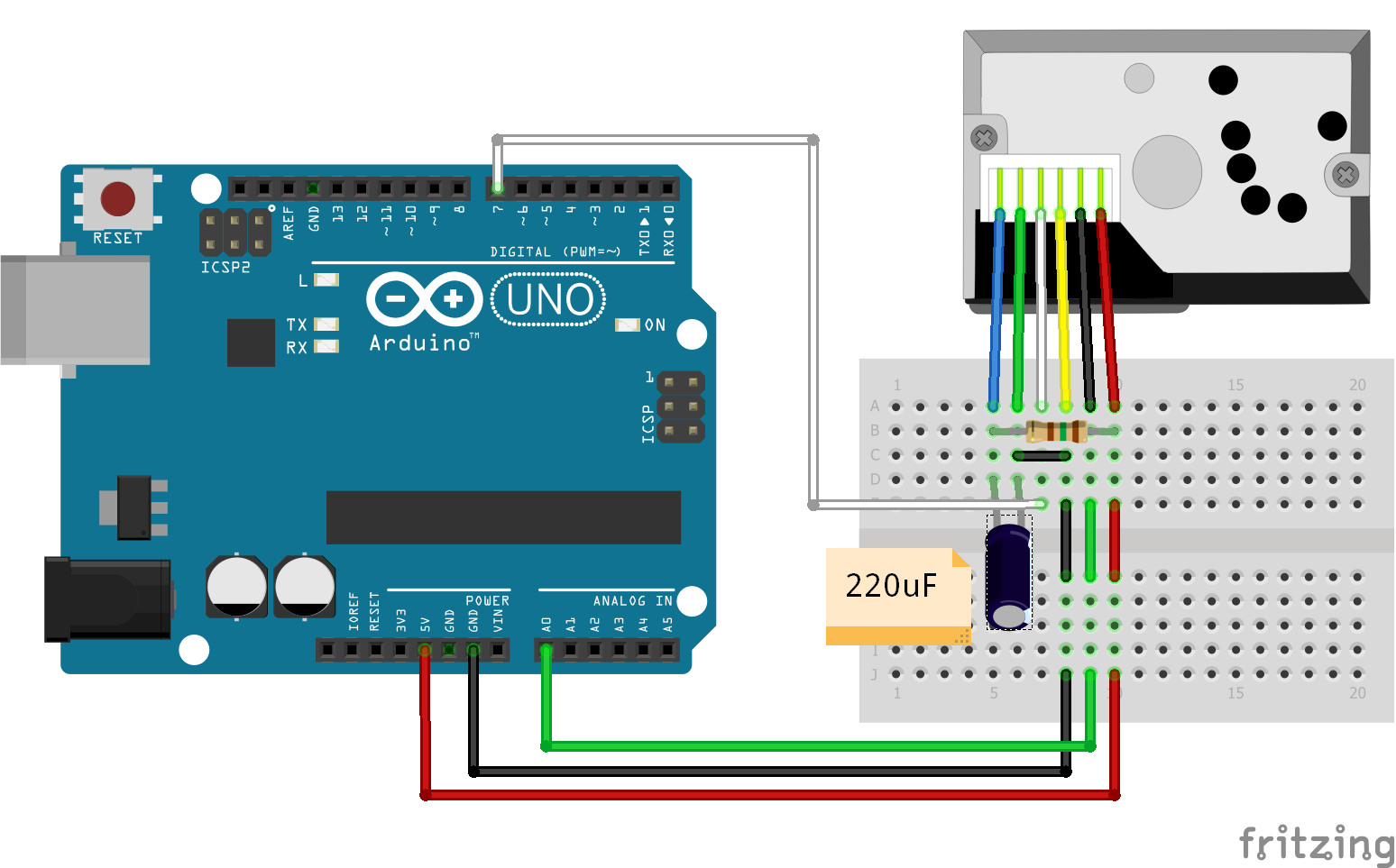 Dust Sensor GP2Y1014AU0F with Arduino — wiring diagram